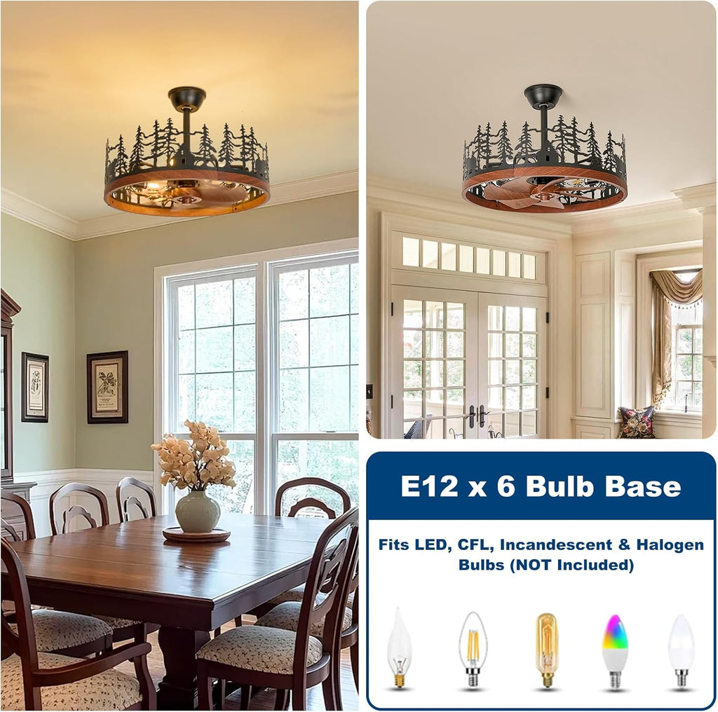 23.6 Inch Farmhouse Rustic Ceiling Fans with Lights, Vintage Walnut Wheels Flush Mount Bladeless Chandeliers Fan, Adjustable Height, Black Caged Fandelier Ceiling Fan Light for Living Room