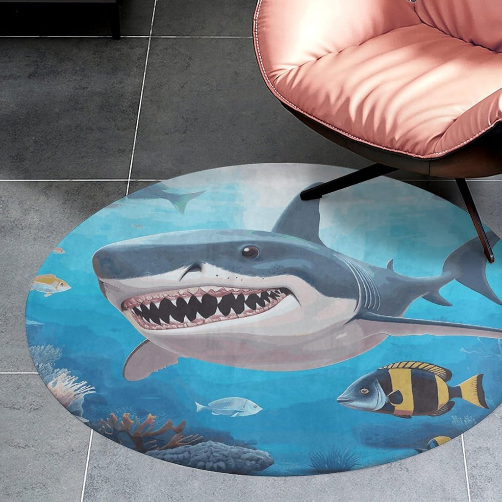 Shark Ocean Theme Coral Velvet Round Floor Mat Non-Slip Bath Rug Floor Covering for Bathroom Vanity Guest Suite & Vacation Home