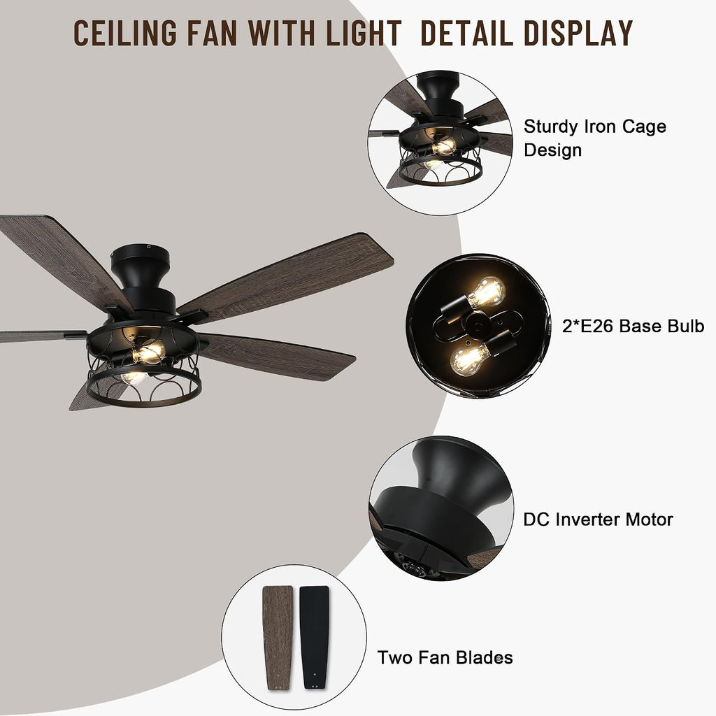52'' Flush Mount Ceiling Fan with Light, Farmhouse Low Profile Ceiling Fan with Remote, 6-Speed Quiet Reversible DC Motor, 3 Clear Glass Lights, Timer Function, for Bedroom Living Room Kitchen