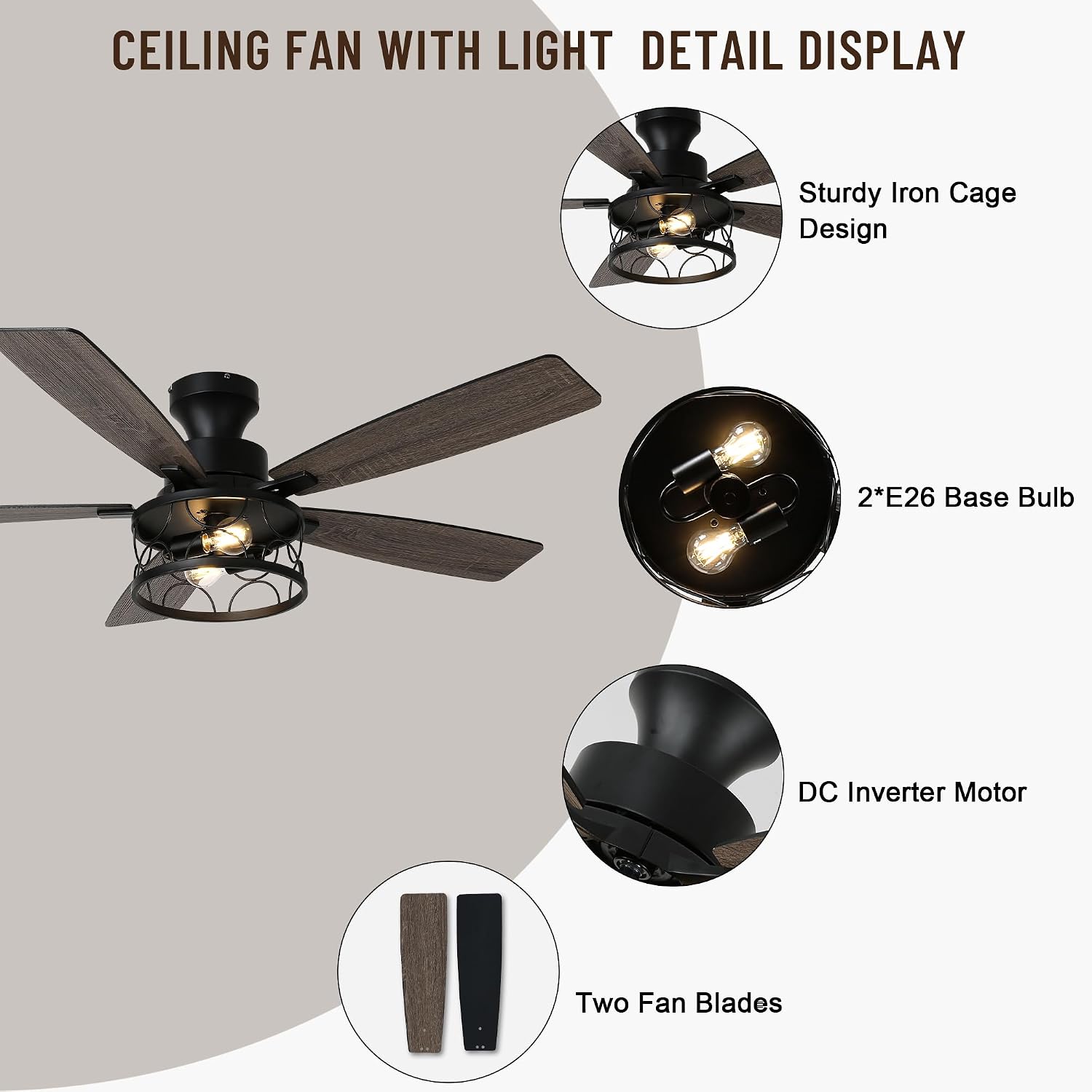 52'' Flush Mount Ceiling Fan with Light, Farmhouse Low Profile Ceiling Fan with Remote, 6-Speed Quiet Reversible DC Motor, 3 Clear Glass Lights, Timer Function, for Bedroom Living Room Kitchen