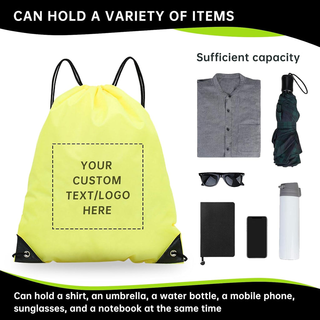 pack of 100 Custom Bags With Your Logo,customized backpack,promotional items,Drawstring Backpacks,Great for Everyday Use (Custom Yellow)