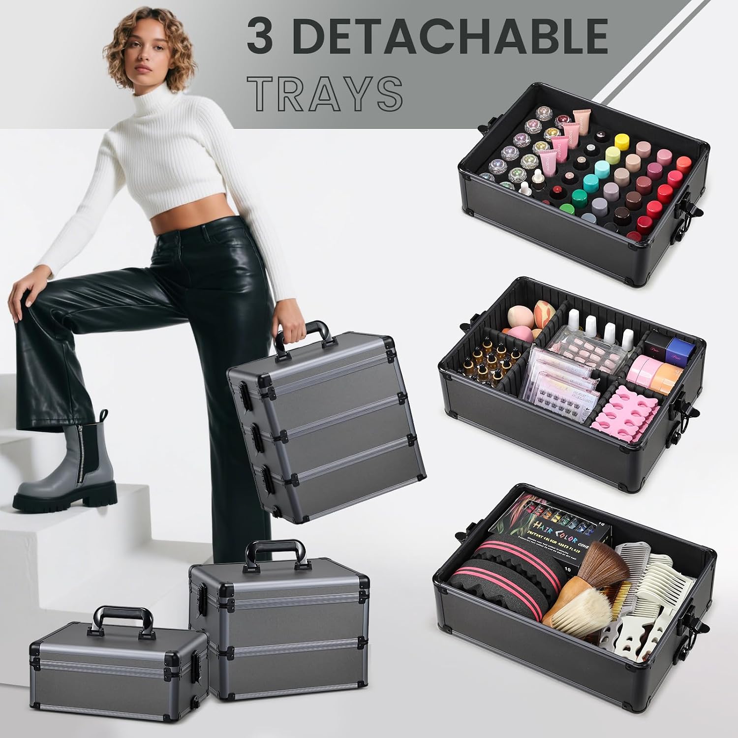 Yueieoun 5 in 1 Makeup Train Case, Cosmetology Case on Wheels Travel Make up Case Rolling Nail Cart Makeup Organizer Cosmetic Storage Box Cases Extra Large Trolley Truck, 360° Swivel Wheels, Ashy Grey