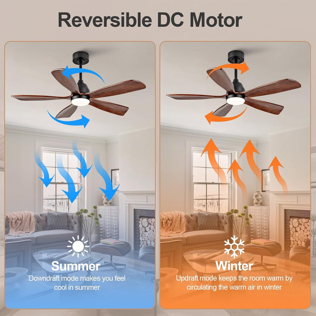 48 Inch Ceiling Fans with Lights and Remote, 5 Blades, Wood Ceiling Fan with Light, Dimmable, Wall Switch, Reversible DC Motor, Modern Indoor Outdoor Ceiling Fan for Patio Office Dining Room