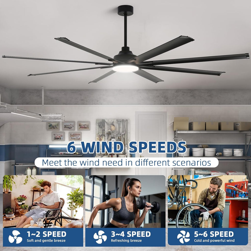 96 Inch Large Industrial Ceiling Fan with Lights, with Reversible Dc Motor, 3 Downrods, 6 Speed Remote Control, 8 Aluminum Blades, Black Outdoor Fans for Shop/Gym/Warehouse/Garage