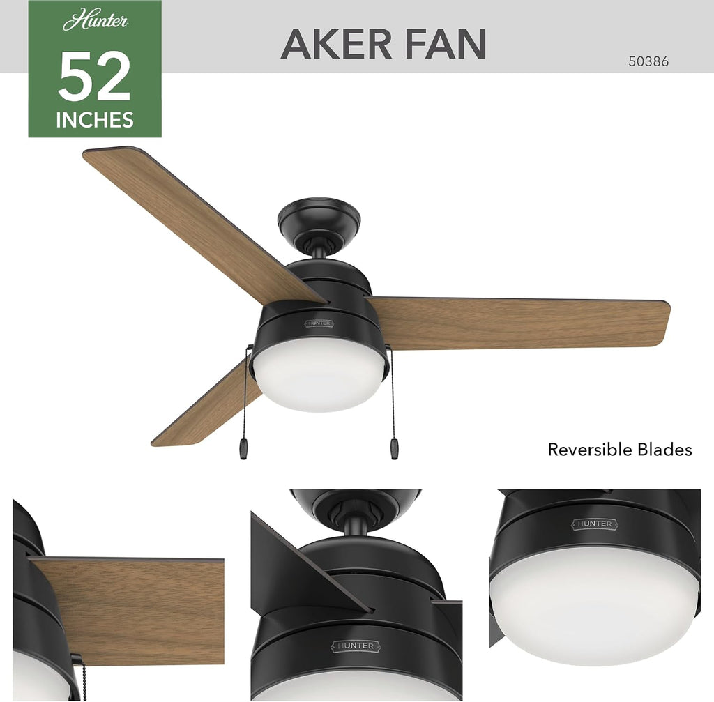 Hunter 52 inch Outdoor or Indoor Ceiling Fan with LED Light and Pull Chain - Black Modern Ceiling Fan, Standard Mount, 3 Blades, For Patio, Porch, Garage, or Living Room - Aker 50386, Matte Black