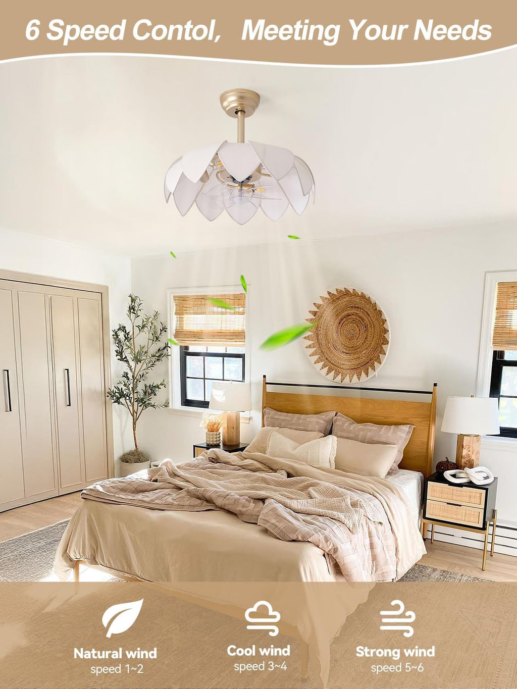 ainqiant 20' Gold Fandelier Ceiling Fans with Lights,Flower Chandelier Ceiling Fan with Light and Remote Control, Boho Fandelier with 6 Speeds for Bedroom, Nursery, Living Room
