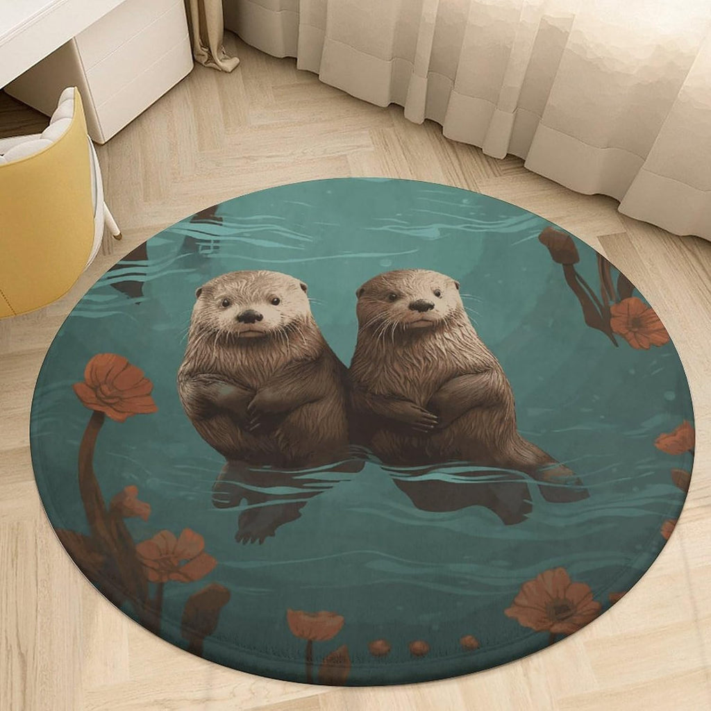Otters in Love Coral Velvet Round Floor Mat Non-Slip Bath Rug Floor Covering for Bathroom Vanity Guest Suite & Vacation Home
