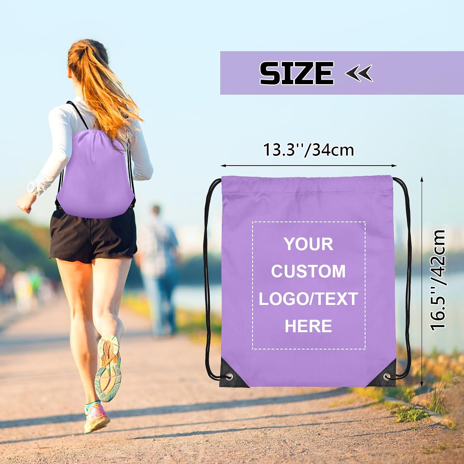 Grneric Custom Drawstring Bags Bulk 10/20/50/100/200 Pack, Promotional Items With Your Logo Personalized String Backpack for Gym, Sport, Travel, Light Purple