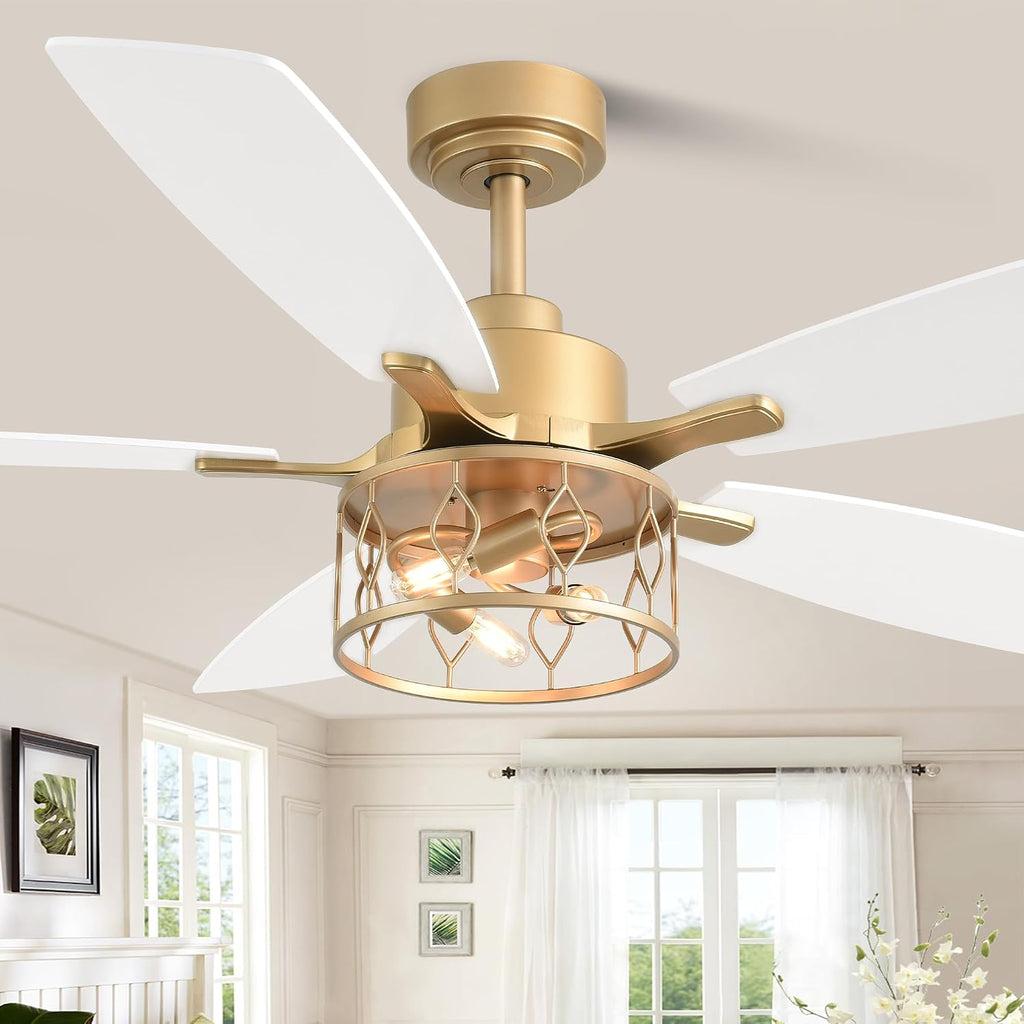 Dawn Whisper 52 Inch Modern Farmhouse Ceiling Fans with Lights White and Gold Industrial Rustic Caged Ceiling Fan for Bedroom Living Room Quiet and Reversible DC Motor