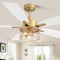 Dawn Whisper 52 Inch Modern Farmhouse Ceiling Fans with Lights White and Gold Industrial Rustic Caged Ceiling Fan for Bedroom Living Room Quiet and Reversible DC Motor