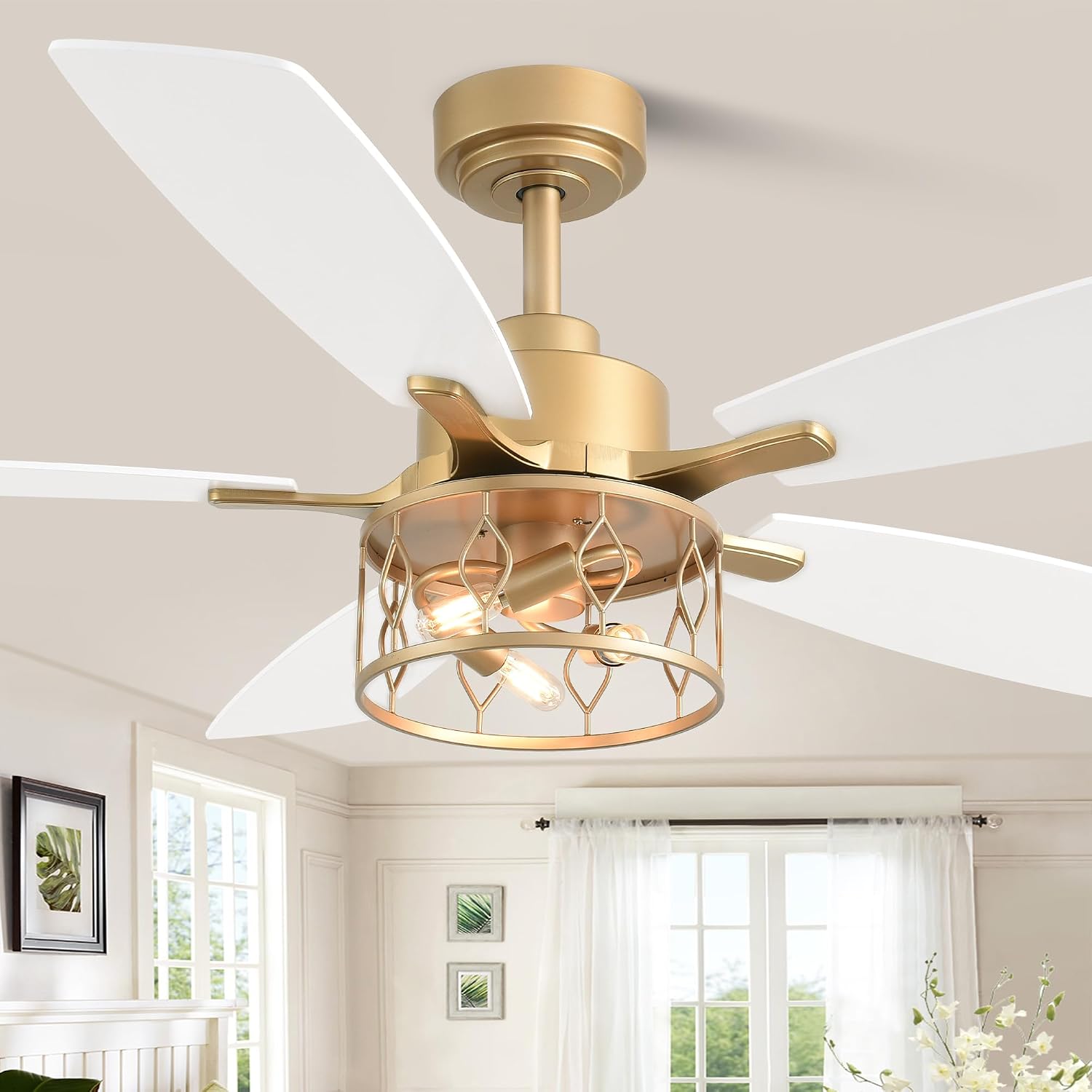 Dawn Whisper 52 Inch Modern Farmhouse Ceiling Fans with Lights White and Gold Industrial Rustic Caged Ceiling Fan for Bedroom Living Room Quiet and Reversible DC Motor