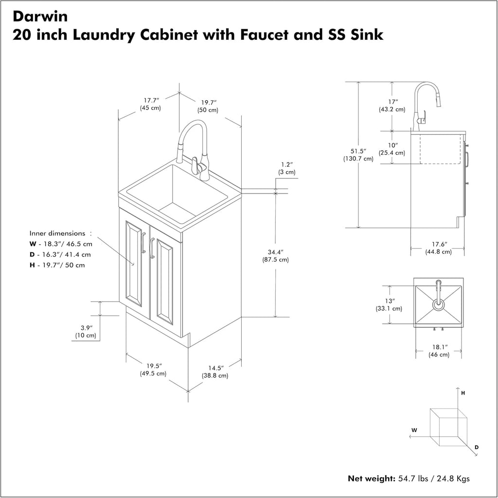 SIMPLIHOME Darwin All-in-One 20 inch Wide Utility Sink and Laundry Cabinet in Pure White Finish, Transitional Stainless Steel Sink Cabinet for Laundry Rooms with High-Arch Chrome Faucet and Storage