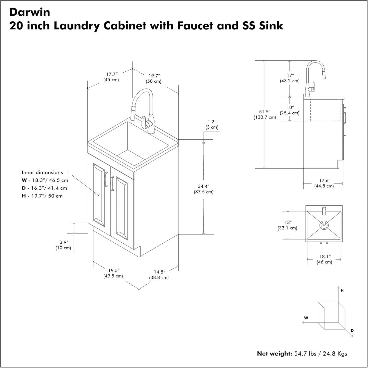 SIMPLIHOME Darwin All-in-One 20 inch Wide Utility Sink and Laundry Cabinet in Pure White Finish, Transitional Stainless Steel Sink Cabinet for Laundry Rooms with High-Arch Chrome Faucet and Storage
