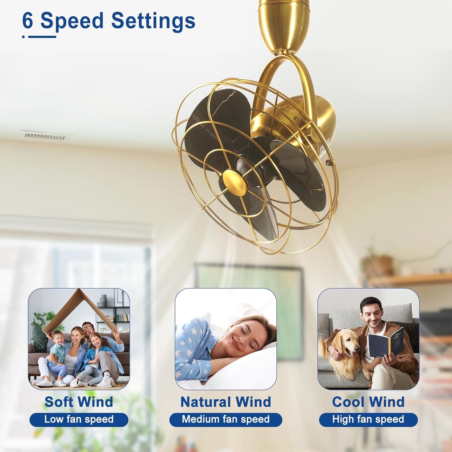 Depuley Oscillating Ceiling Fan with Remote: Gold and Black Wall Mount Fan Ceiling for Patio - Caged Outdoor Wall Fan for Indoor Bedroom Kitchen - 80° Oscillation 100° Adjustable