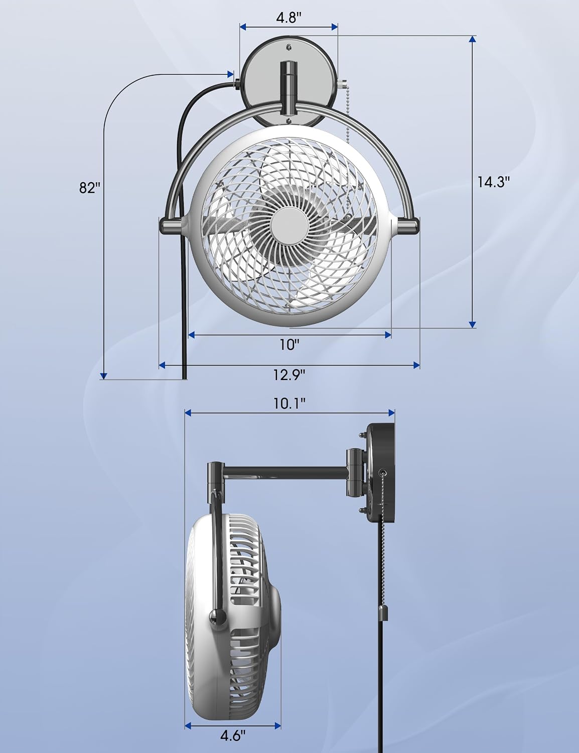 Wall Mount Fans with Pull Chain, 10 Inch Wall Fans Quiet Oscillating Wall-Mounted Fan, Adjustable Folding Arm, 2-Speed Plug-in Ceiling Fan for Bedroom, Living Room, Bathroom, Patio, Kitchen, White