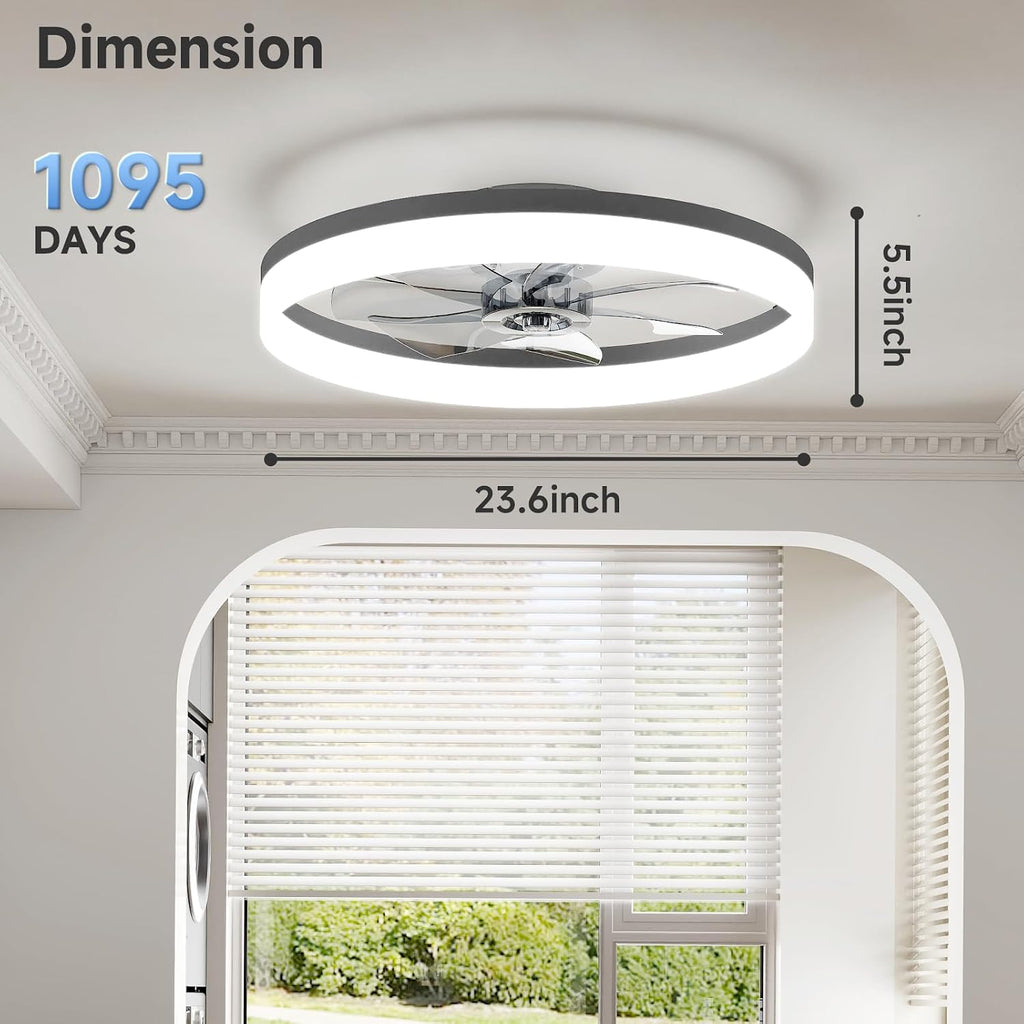 VOLISUN Low Profile Ceiling Fans with Lights and Remote, 23.6in Fandelier Ceiling Fan with Light, 3000K-6500K Dimmable Bladeless LED Fan Light, Black Flush Mount Ceiling Fans with Lights for Bedroom