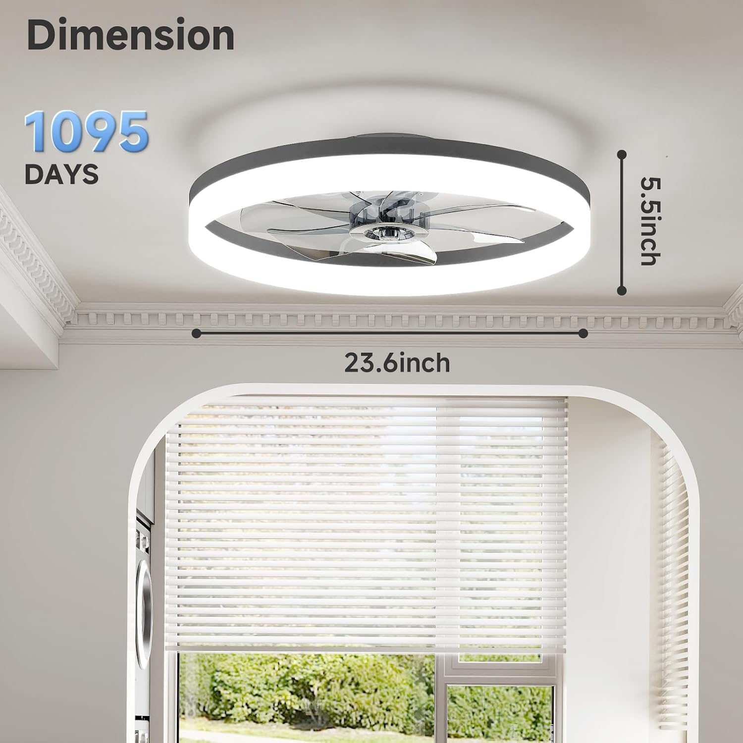 VOLISUN Low Profile Ceiling Fans with Lights and Remote, 23.6in Fandelier Ceiling Fan with Light, 3000K-6500K Dimmable Bladeless LED Fan Light, Black Flush Mount Ceiling Fans with Lights for Bedroom