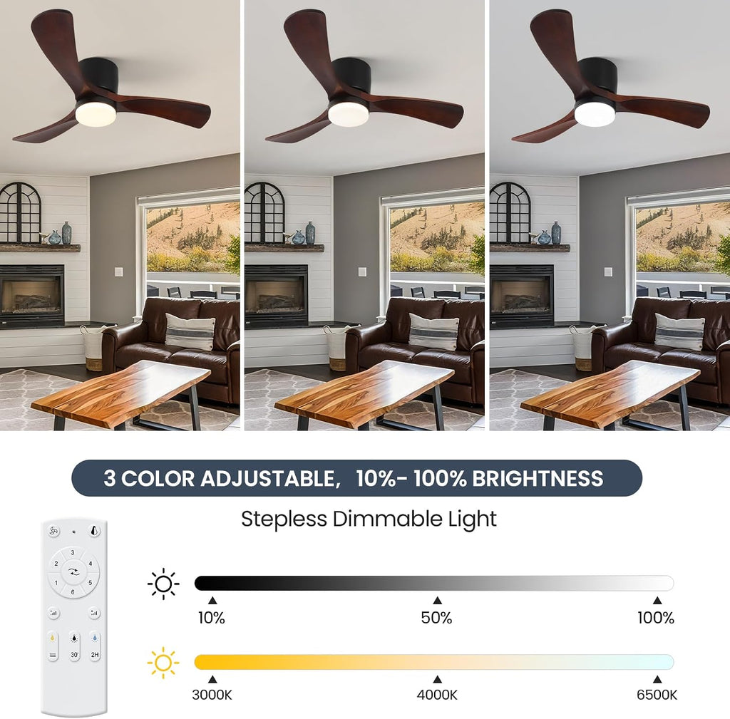 GESUM 42' Ceiling Fan with Lights Remote Control, Low Profile Ceiling Fan with 3 Walnut Wood Blades, Reversible,Dimmable, Flush Mount Ceiling Fans for Living Room Kitchen Bedroom(Black+Walnut)
