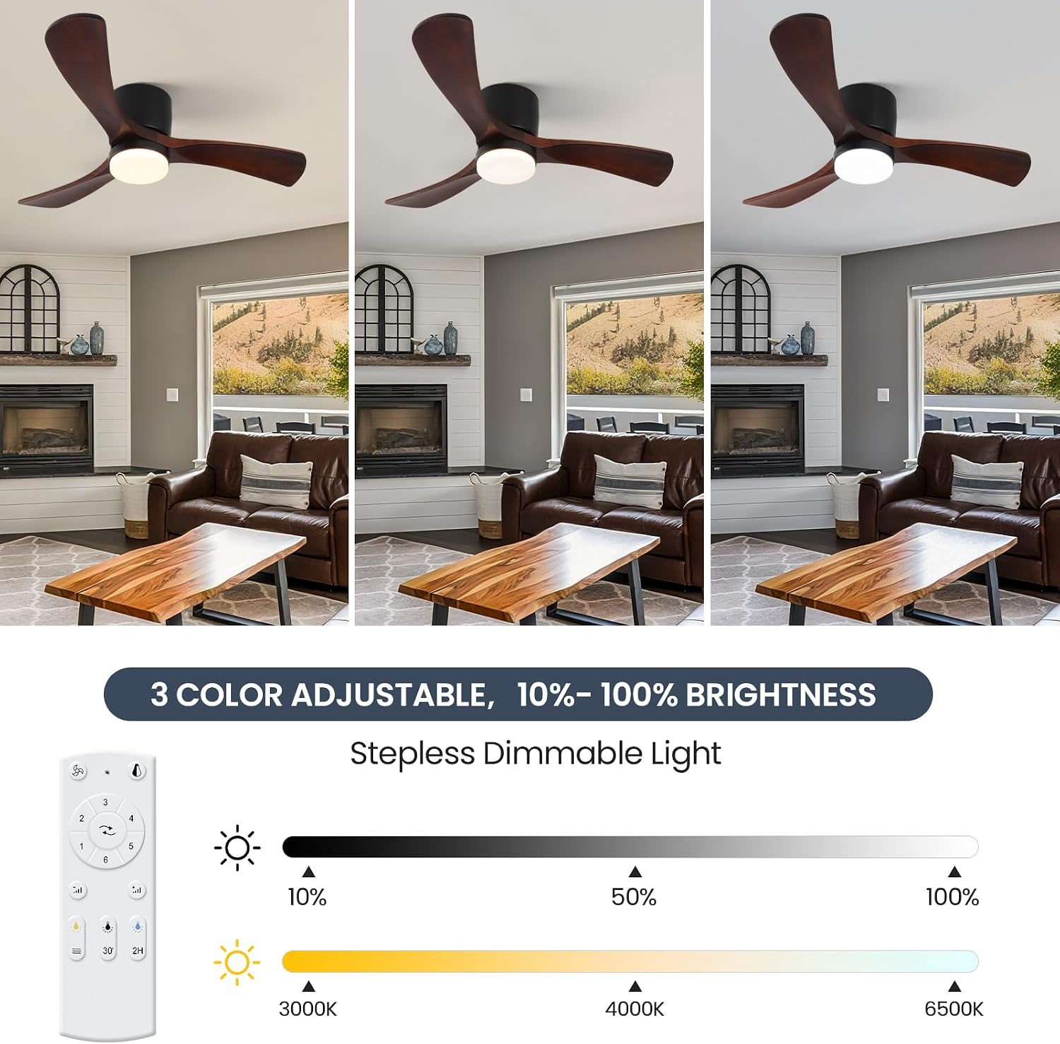 GESUM 42' Ceiling Fan with Lights Remote Control, Low Profile Ceiling Fan with 3 Walnut Wood Blades, Reversible,Dimmable, Flush Mount Ceiling Fans for Living Room Kitchen Bedroom(Black+Walnut)