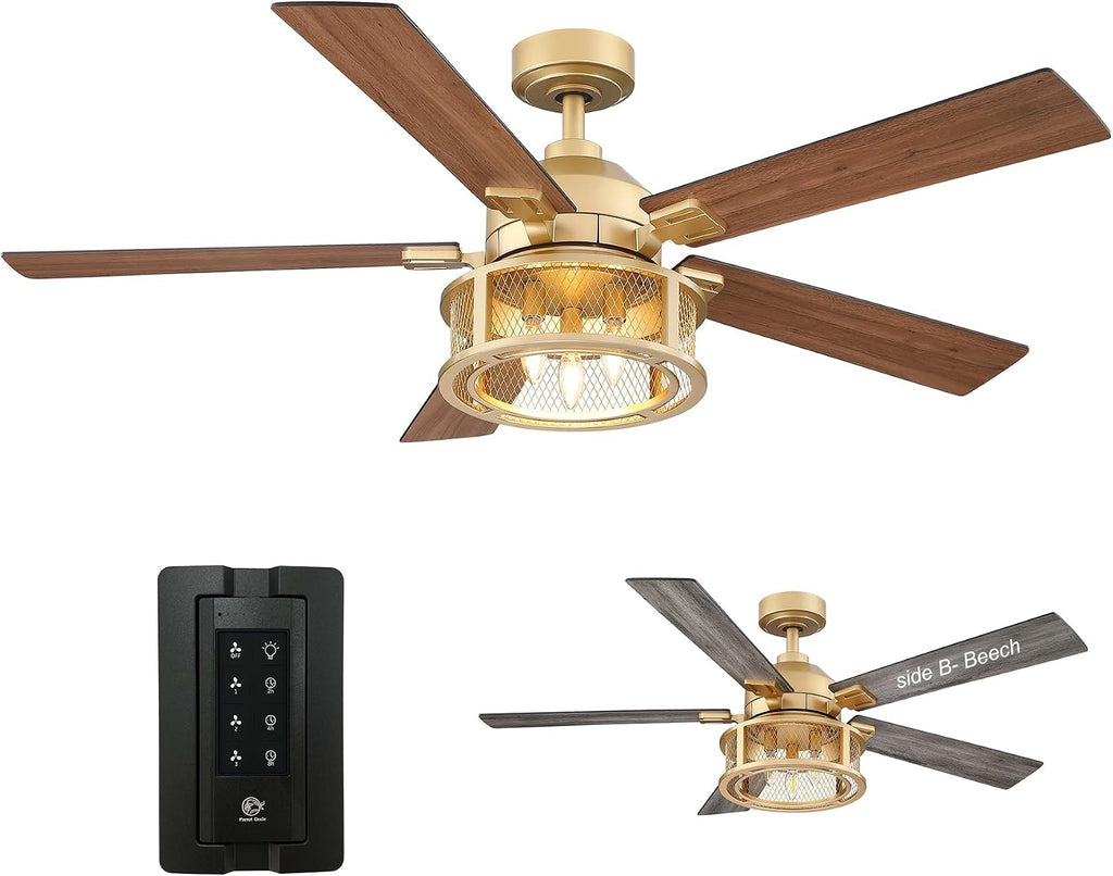 Parrot Uncle Gold Ceiling Fans with Lights and Remote, 52 Inch Farmhouse Ceiling Fan with Light for Bedroom, Modern Outdoor Ceiling Fans for Patios, Reversible Airflow, 3 Speeds, Timer