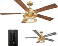 Parrot Uncle Gold Ceiling Fans with Lights and Remote, 52 Inch Farmhouse Ceiling Fan with Light for Bedroom, Modern Outdoor Ceiling Fans for Patios, Reversible Airflow, 3 Speeds, Timer