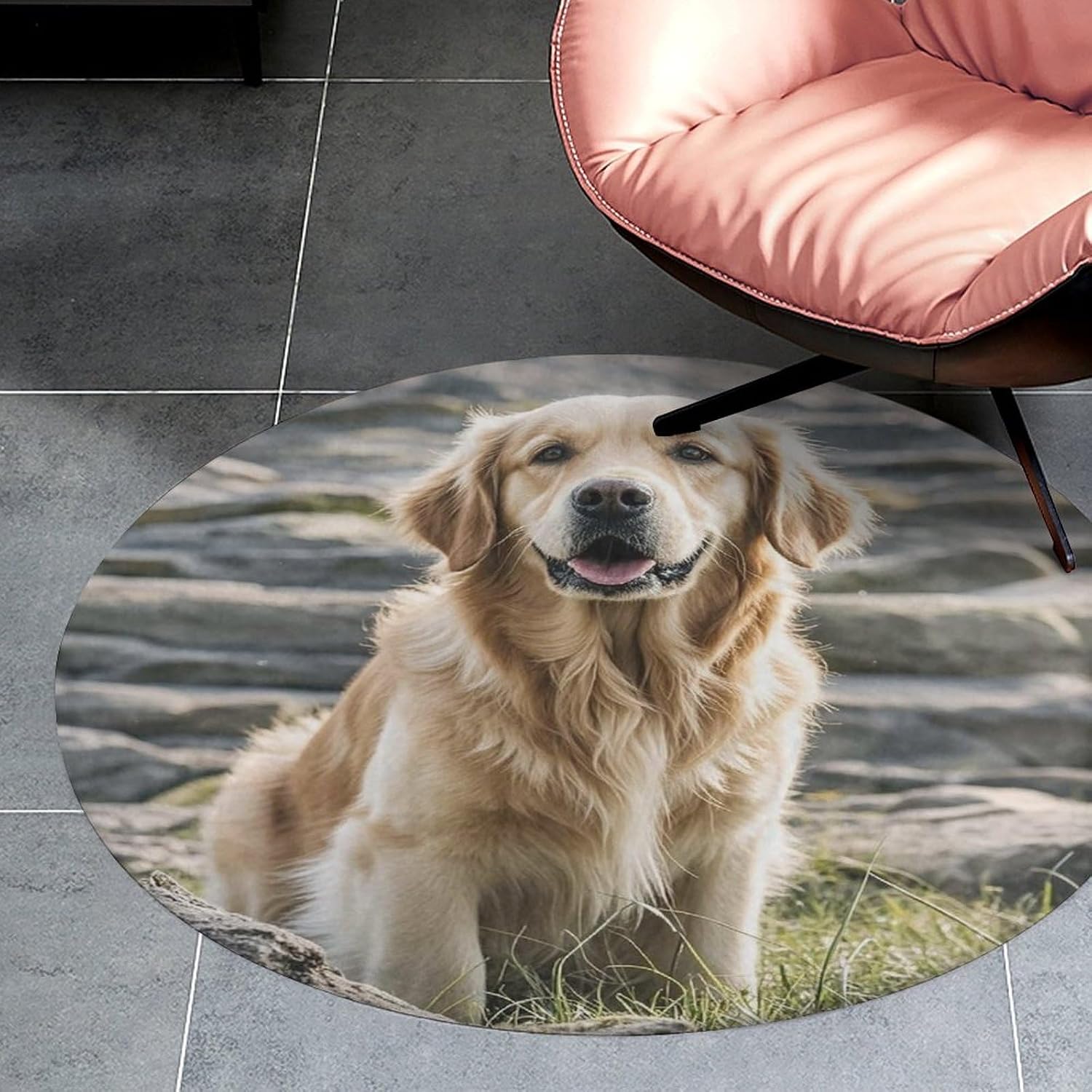 Golden Retriever Coral Velvet Round Floor Mat Non-Slip Bath Rug Floor Covering for Bathroom Vanity Guest Suite & Vacation Home