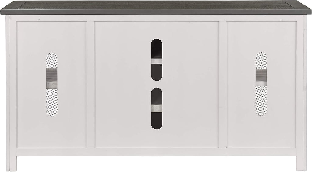 Martin Svensson Home 65' Solid Pine Wood Entertainment Center with Storage. Rustic TV Stand for TVs up to 70.' Sliding Doors, Adjustable Shelves & Cable Management – White and Grey Finish