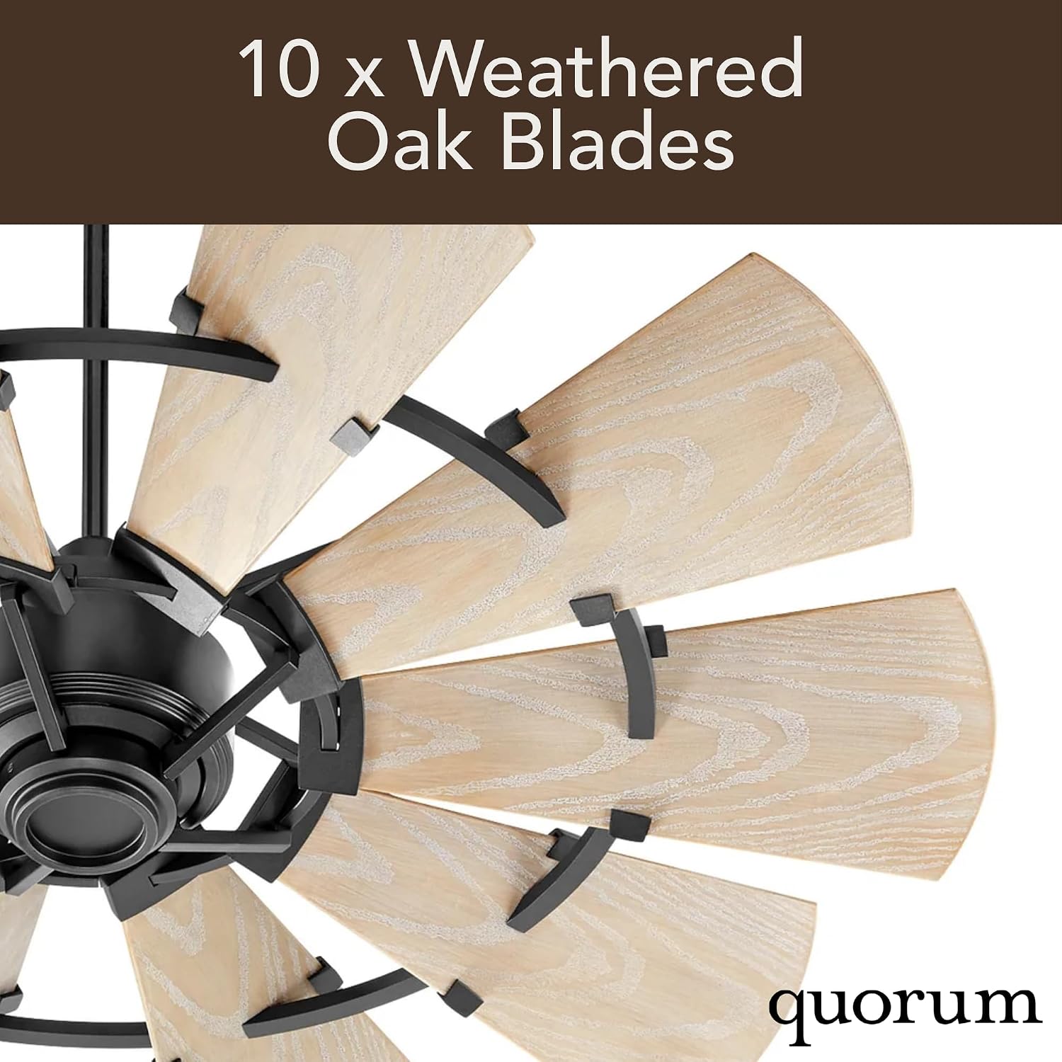 Quorum 95210-69 Windmill 52 Inch Ceiling Fan | 10 Blade Wagon Wheel Design | 6 Speed Reversible DC Motor | Remote Control Included | Dry Rated Indoor Fan | Weathered Oak Blades | Textured Black Finish