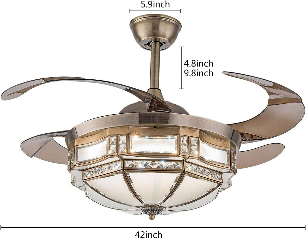 TFCFL 42 Inch Vintage Ceiling Fan Light, Tiffany Style Dimmable Chandelier Fan with Controller 3-Color Lighting 3-Speed Retractable Blades for Bedroom Living Room (Gold)