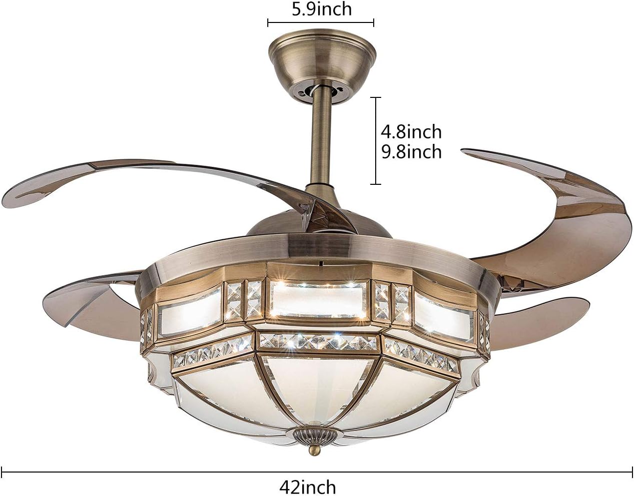 TFCFL 42 Inch Vintage Ceiling Fan Light, Tiffany Style Dimmable Chandelier Fan with Controller 3-Color Lighting 3-Speed Retractable Blades for Bedroom Living Room (Gold)