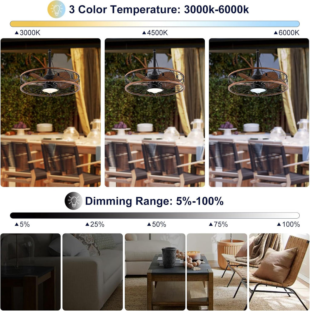 Outdoor Ceiling Fans For Patios Waterproof, Plug In Gazebo Fan Outdoor Hanging With Hook, 3 Color Light Remote Control, Strong 6 Speed, 24 inch Small Fan for Outside Porch, Pergola, Garage