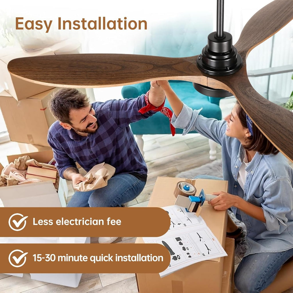 Ovlaim 52 Inch Wood Ceiling Fan with Light Remote Control, Quiet DC Motor, 3 Blades Indoor Ceiling Fan for Bedroom Living Room, ETL Listed