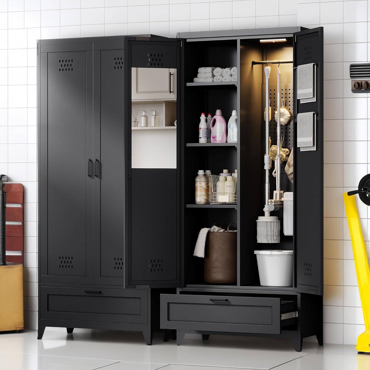 YITAHOME 71' Metal Garage Broom Cabinets with Adjustable Shelves, Vacuum Storage Cabinet with Doors and Drawer, Tool Storage Cabinet for Gym, Basement, Warehouse, Black