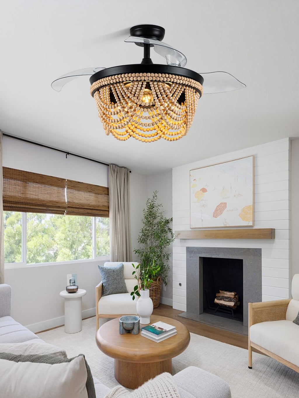Bella Depot 42 Inch Boho Ceiling Fan with Light, Flush Mount Wood Beaded Fandelier Chandelier Fan, 6 Speeds Reversible Bladeless Ceiling Fan for Bedroom Living Room Kitchen, Black