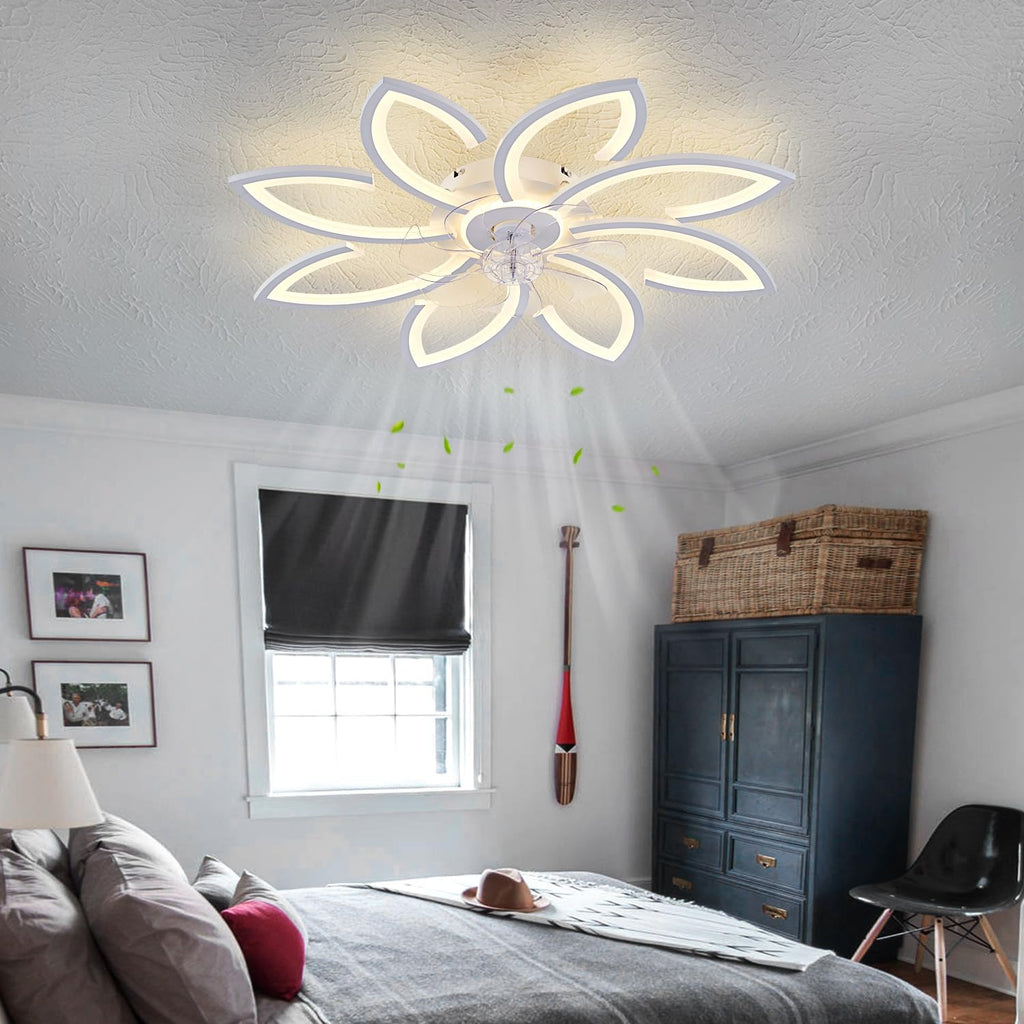 Modern Flower Ceiling Fan with Light and Remote, Low Profile Ceiling Fans with Lights, 36 Inch Black Flush Mount Ceiling Fan with 3 Light Color 6 Speeds, Fandelier Ceiling Fan for Living Room (White)
