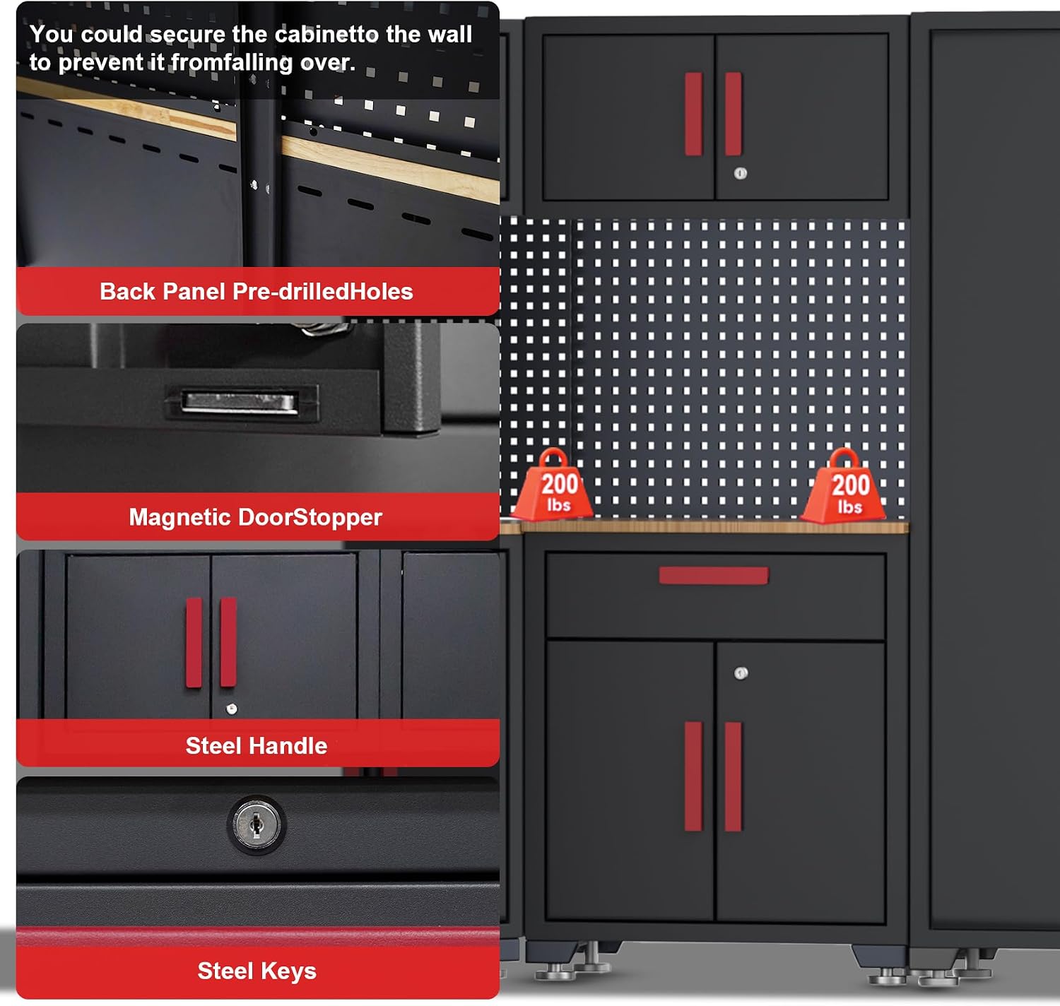 Garage Storage Cabinet System, 9-Pcs Workshop Cabinet Set in Black, Included Steel Cabinets Drawers Rolling Chest and Pegboard,Locked Garage Storage Cabinet,Red Handle