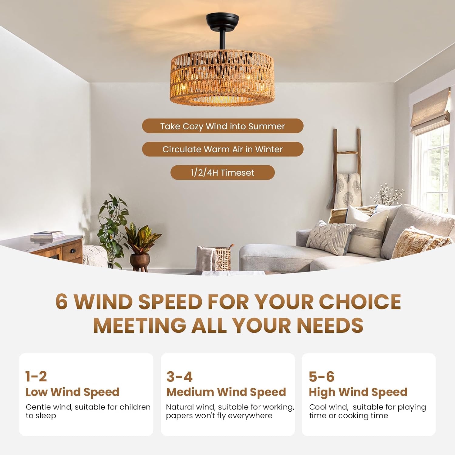 Boho Caged Ceiling Fan with Light, 18 inch Rattan Ceiling Fan with Light, Boho Fandelier, Farmhouse Fandelier Low Profile Cei ling Fan for Bedroom Kitchen Living Room Kids Room