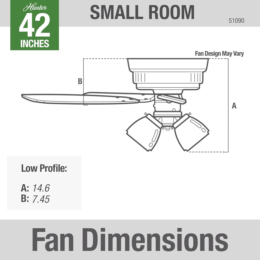 Hunter 42 inch Indoor Ceiling Fan with LED Lights - White Ceiling Fan with Pull Chain, For Bedroom, Living Room, or Kitchen, Low Profile Flush Mount, No Remote, 5 Blades - Builder 51090, Snow White