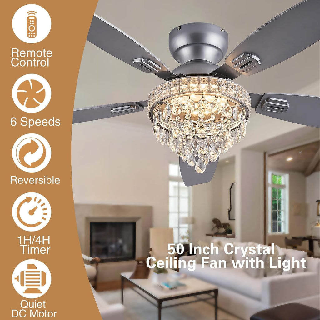 Crystal Ceiling Fan Fandelier with Lights-Ceiling Fans with Lights,50' Low Profile and Remote Control, Flush Mount, Reversible, Dimmable, Noiseless, Sliver Ceiling Fan for Bedroom