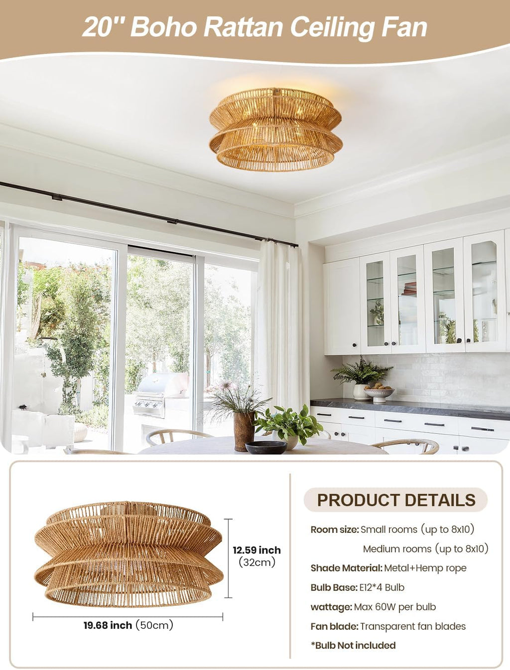 Boho Ceiling Fan with Light, 20'' Coastal Caged Ceiling Fans with Lights and Remote Control, Rattan Flush Mount Fandelier with Reversible 6 Speeds, Low Profile for Bedroom Living Room Dining Room