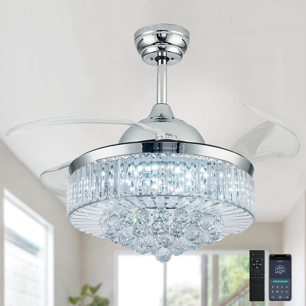 FIDGRA 42'' Fandelier Ceiling Fan with Light, Retractable Chandelier Fan, 3 Color Temperature, 6 Wind Speed, Crystal Ceiling Fan for Bedroom Living Room Dining Room-Chrome