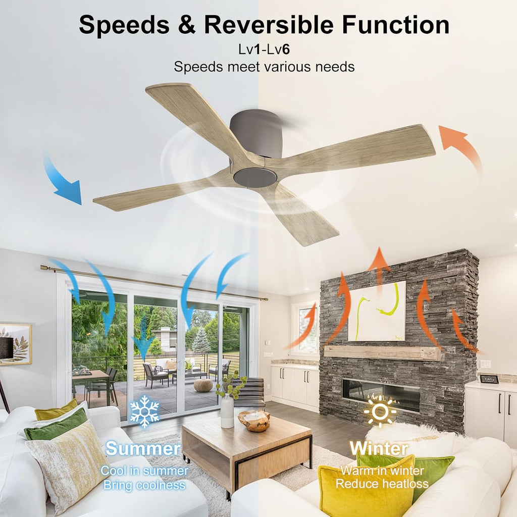 WINGBO 48 Inch Ceiling Fan Without Light, Solid Wood Flush Mount Ceiling Fan with Remote Control, Reversible Quiet DC Motor, 4 Blades,6-Speed, for Bedroom & Living Room, Graphite Finish +Gray Blade