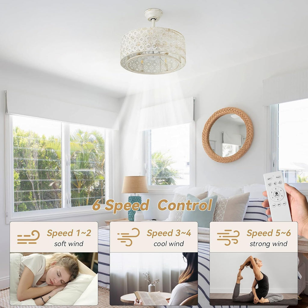 20' Boho Ceiling Fans with Lights, Gold Crystal Fandelier Ceiling Fan with Light Remote Control, Cage 6-Speed for Bedroom, Nursery, Foyer, Living Room