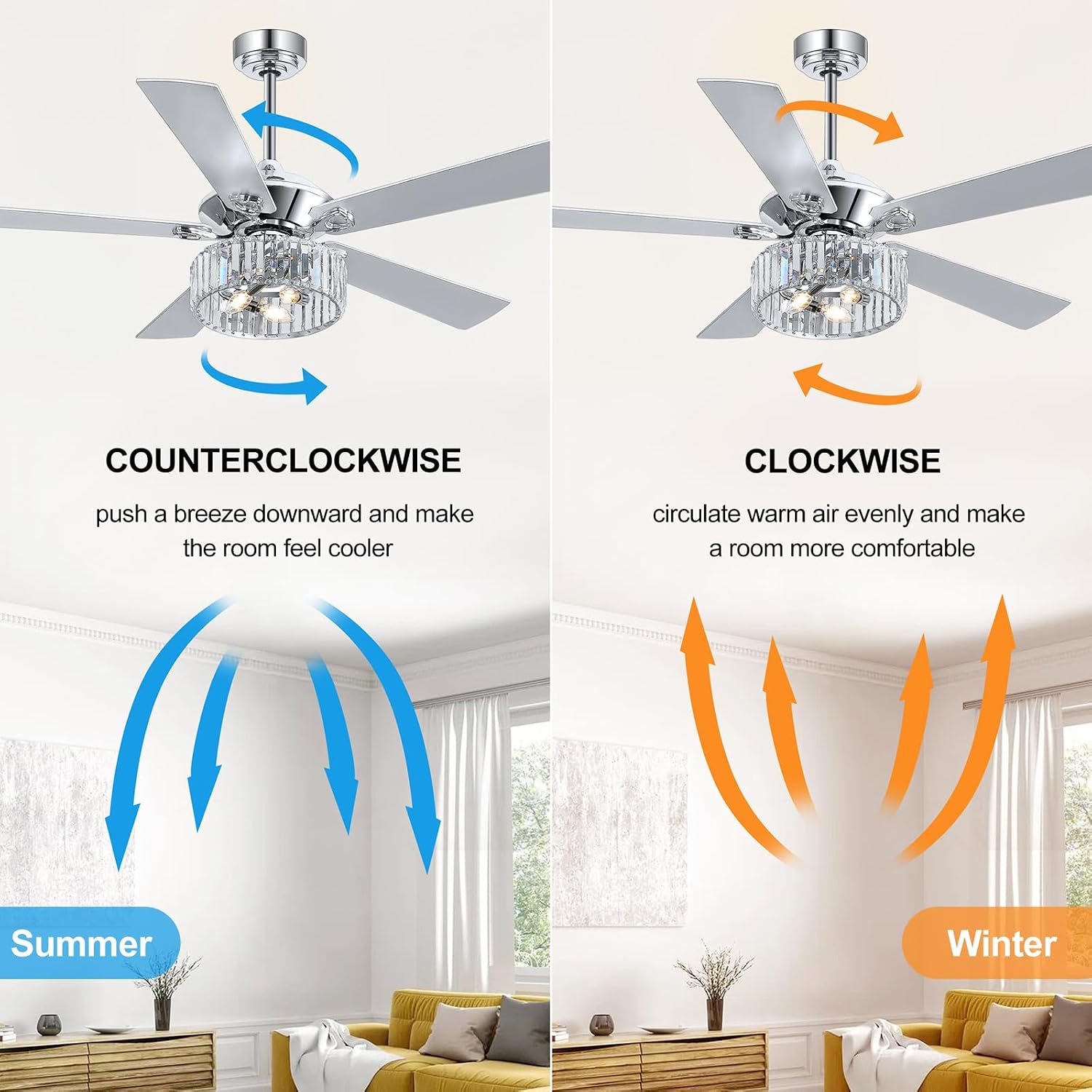 52' Ceiling Fan with Crystal Light Remote Control, 5 Reversible Blades, Quiet DC Motor, 6-Speed, Timer, Modern Crystal Caged Ceiling Fan Chandelier for Bedroom Living Room, Chrome