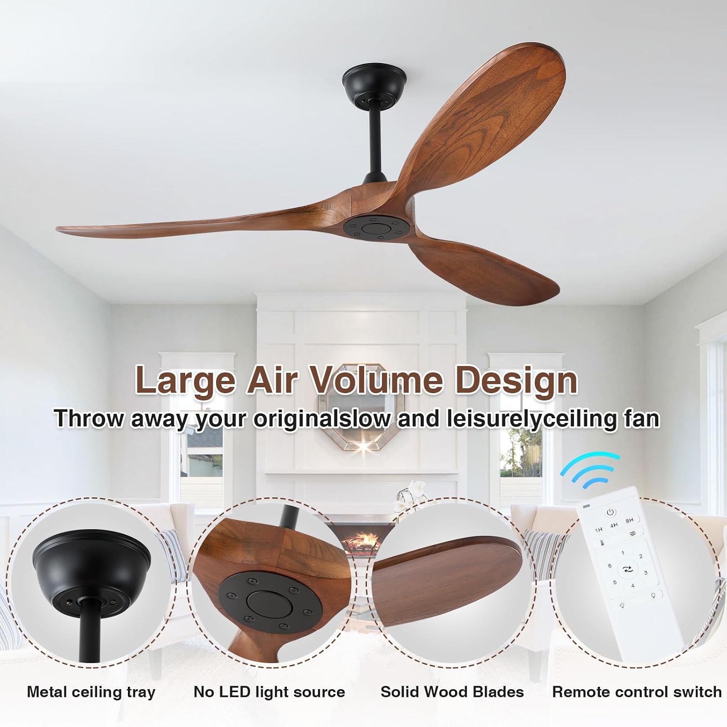 60 inch Ceiling Fan Without Light, Ceiling Fan no Light with Remote Control and Quiet DC Motor, Outdoor Ceiling Fans for Patios Without Lights, Solid Wood 3 Blades, ETL Listed- Walnut Wood