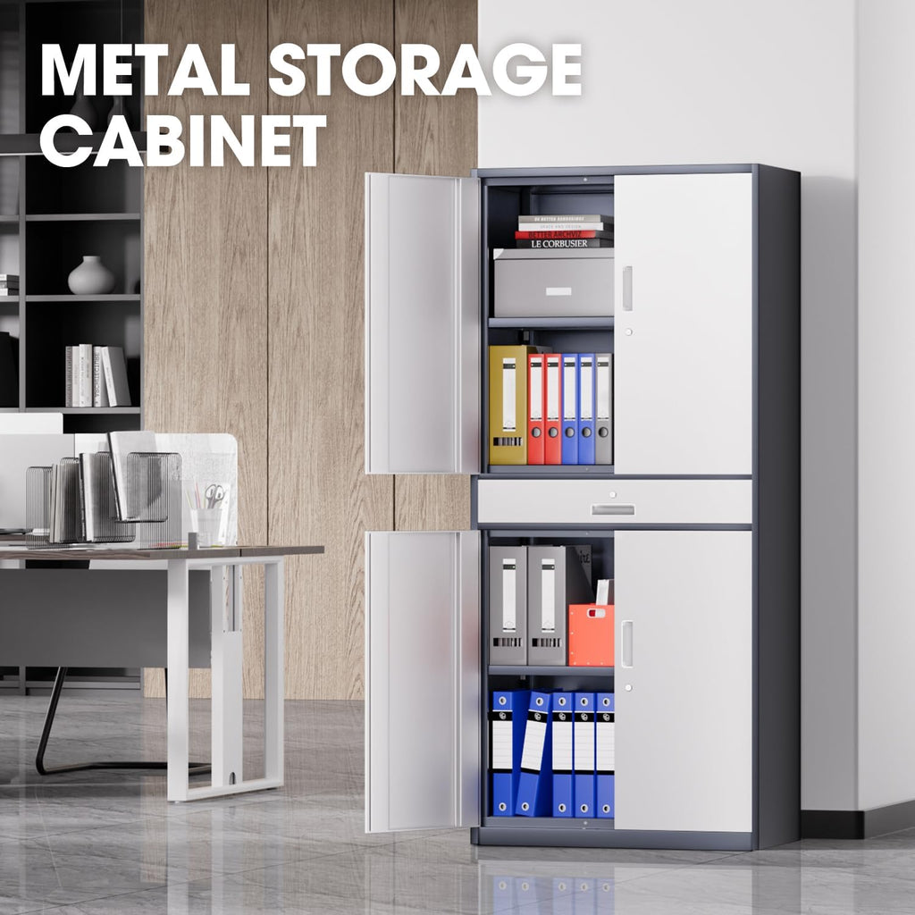 DNA Motoring 71'' Rolling Garage Metal Cabinet with 1 Drawer and Adjustable Shelves, Heavy Duty Utility Lockable Cabinet for Garage, Office, Home, Gym, Gray White, TOOLS-00629-GY-WH