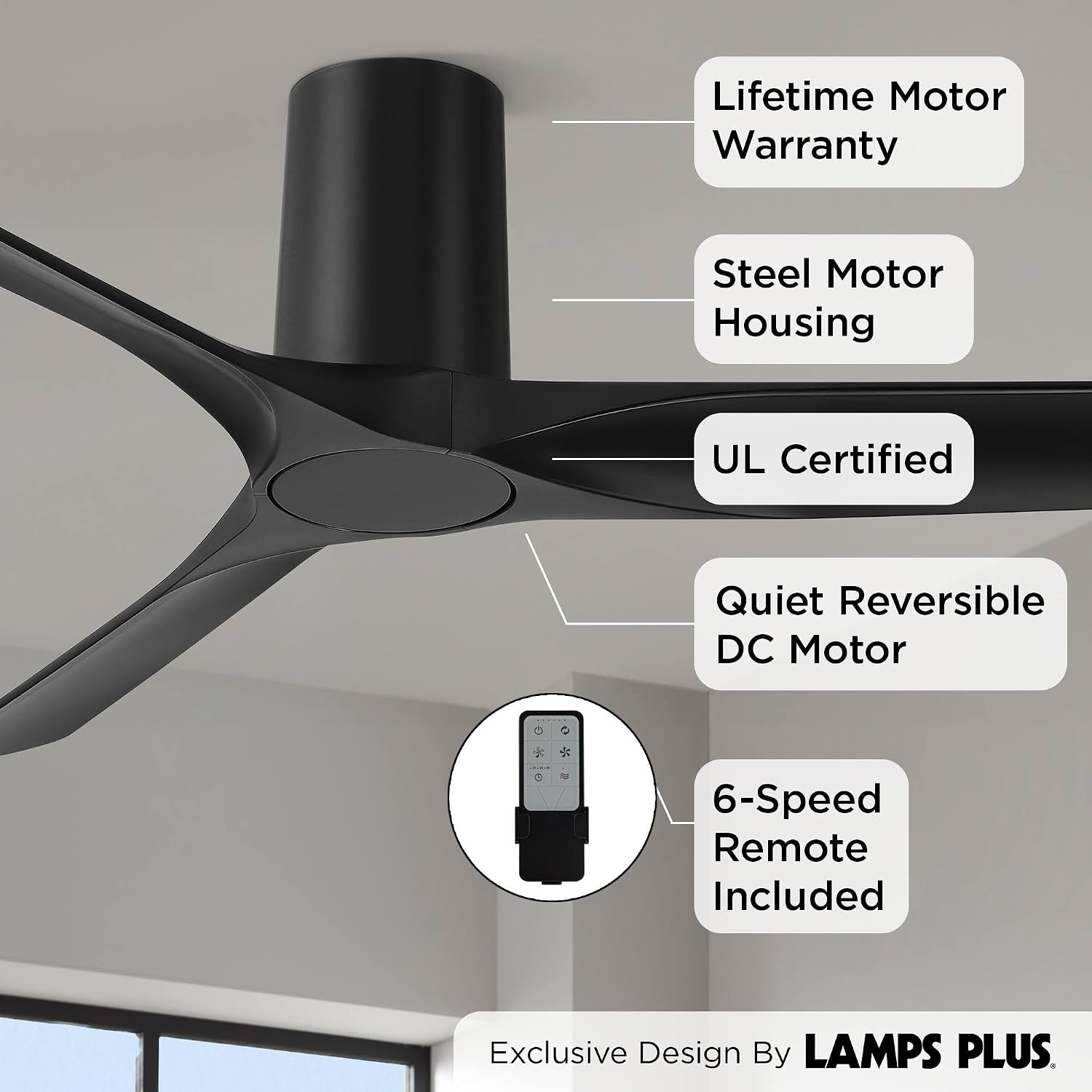 Casa Vieja Zebec 52' Modern Indoor Hugger Flush Mount Ceiling Fan with Remote Control, 3 Blades, 6 Speed Quiet Reversible DC Motor, Timer, Matte Black Finish Low Profile Living Room Kitchen House