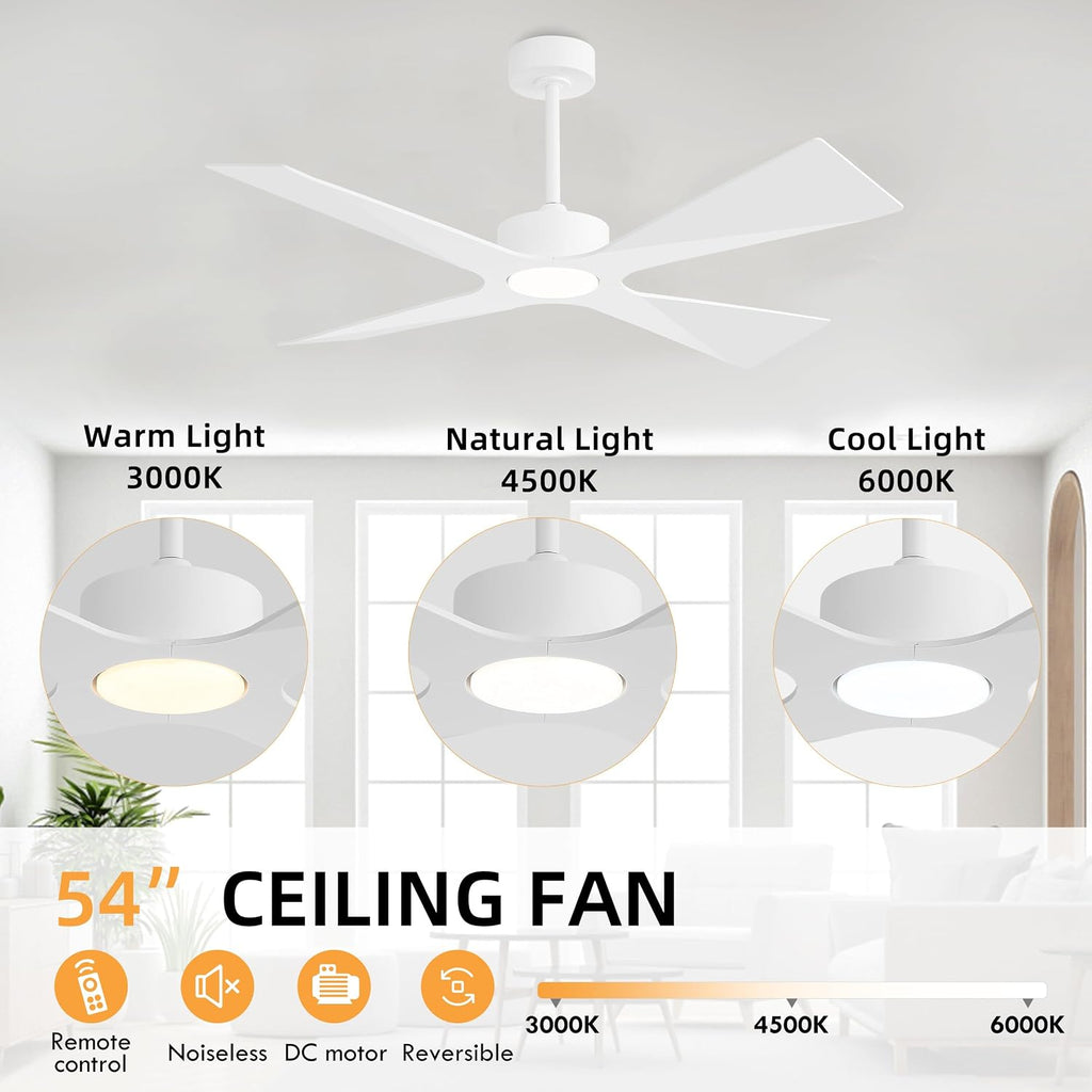 WINGBO 54' Wet Rated Outdoor Ceiling Fan with Lights, 4 ABS Plastic Blades, Reversible DC Motor, 6-Speed Remote Control, 3 CCT, Waterproof Ceiling Fan for Patio Porch Gazebo Garage, Gloss White