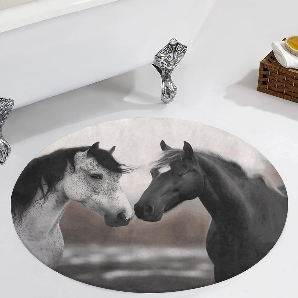 Black and White Horses Coral Velvet Round Floor Mat Non-Slip Bath Rug Floor Covering for Bathroom Vanity Guest Suite & Vacation Home
