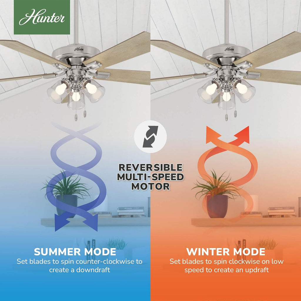 Hunter 52 inch Indoor Ceiling Fan with LED Lights and Pull Chain - Standard Mount Ceiling Fan, 5 Blades, For Bedroom, Living Room, or Kitchen, 3 inch Downrod - Crestfield 54206, Brushed Nickel